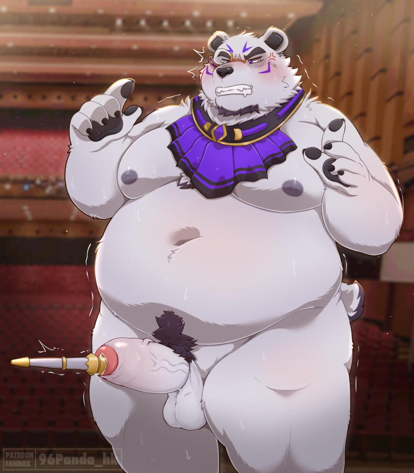 96panda anthro balls bear belly blush borealis_(live_a_hero) conducting_baton erection eyewear fur genitals hi_res lifewonders live_a_hero male mammal monocle moobs mostly_nude navel nipples overweight penis polar_bear pubes solo urethral ursine white_body white_fur