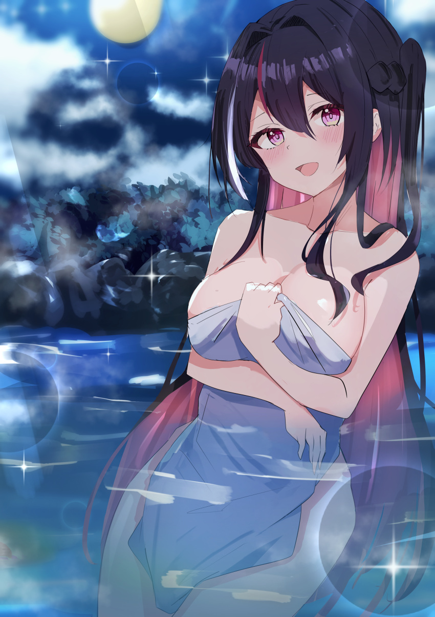 1girl absurdres azki_(hololive) black_hair blush braid breasts cleavage cloud colored_inner_hair french_braid highres hololive large_breasts liyaku looking_at_viewer moon multicolored_hair naked_towel night night_sky onsen open_mouth pink_eyes pink_hair sky smile sparkle streaked_hair towel virtual_youtuber water white_hair yellow_eyes