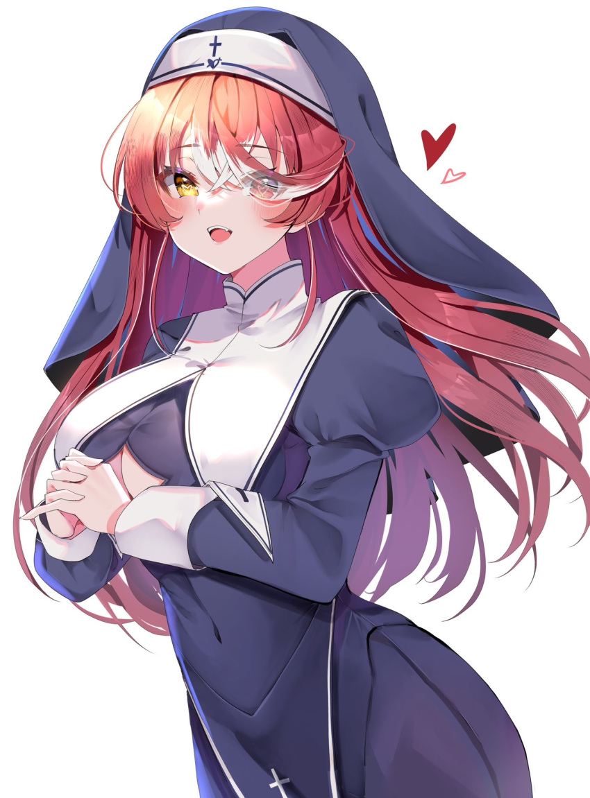 1girl breast_curtains breasts covered_navel heart heterochromia highres hololive houshou_marine houshou_marine_(nun) large_breasts long_hair red_hair white_background yuanagae