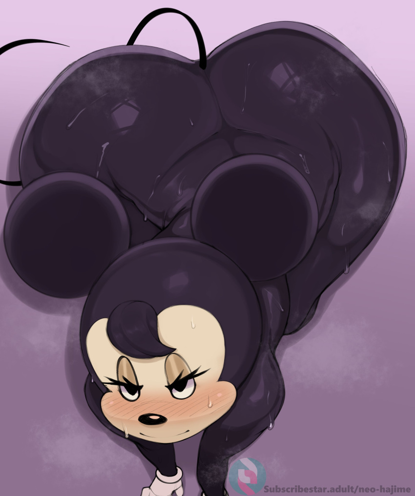 2023 absurd_res all_fours anthro artist_name big_butt black_hair black_nose blush bodily_fluids butt clothing disney eyelashes female gloves gradient_background hair half-closed_eyes handwear hi_res high-angle_view huge_butt mammal minnie_mouse mouse murid murine narrowed_eyes neo_hajime nude rodent short_hair simple_background skinny_tail smile solo steam sweat tail text thick_thighs url wide_hips