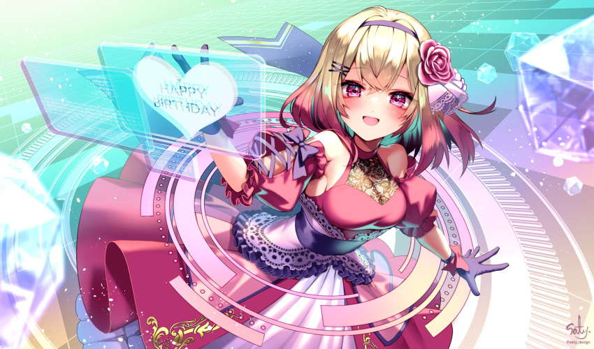 1girl absurdres bare_shoulders blonde_hair blush breasts cleavage cleavage_cutout clothing_cutout commission commissioner_upload corset cyberlive dress flower gloves hair_between_eyes hair_flower hair_ornament hairband hairclip happy_birthday highres holographic_interface holographic_monitor iekushi_chapipi looking_at_viewer medium_breasts multicolored_hair open_mouth pink_dress pink_hair puffy_short_sleeves puffy_sleeves purple_gloves purple_hairband sash short_hair short_sleeves skeb_commission smile solo virtual_youtuber x_hair_ornament yukimichi_(nieko)