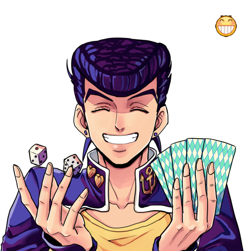 1boy ^_^ card closed_eyes diamond_wa_kudakenai dice earrings gakuran grin heart higashikata_josuke highres jewelry jojo_no_kimyou_na_bouken killerohan male_focus peace_symbol playing_card pompadour purple_hair school_uniform smile solo