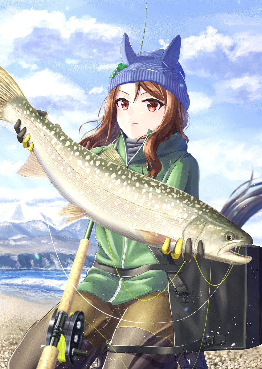 1girl animal animal_ears blue_headwear blue_sky brown_hair cowboy_shot fish fishing_line fishing_rod fusou_(fuso0205) gloves green_jacket highres hokkaido holding holding_animal holding_fish horse_ears horse_girl horse_tail jacket king_halo_(umamusume) looking_at_viewer outdoors red_eyes sky smile solo tail umamusume wavy_hair