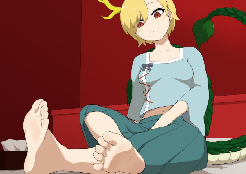 antlers barefoot blonde_hair blue_shirt bonobo_(odenokaz) dragon_girl dragon_horns dragon_tail feet foot_focus highres horns kicchou_yachie no_shoes shirt soles square_neckline tail toes touhou turtle_shell yellow_horns