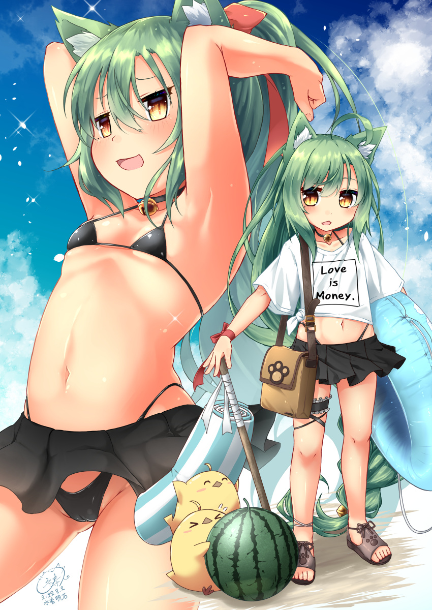 1girl absurdly_long_hair absurdres ahoge akashi_(azur_lane) alternate_costume animal_ear_fluff animal_ears armpits arms_up azur_lane bag bare_legs bell bikini bikini_skirt black_bikini black_choker blush braid brown_footwear cameltoe cat_ears cat_girl choker clothes_writing collarbone commentary_request dated flat_chest food fruit green_hair hair_bell hair_between_eyes hair_ornament hair_ribbon highres innertube inori_(xyz5568) jingle_bell long_hair manjuu_(azur_lane) midriff multiple_views navel neck_bell open_mouth partial_commentary paw_print red_ribbon ribbon shirt short_sleeves shoulder_bag signature swimsuit thigh_strap tied_shirt toeless_footwear very_long_hair watermelon white_shirt wide_sleeves wrist_ribbon yellow_eyes