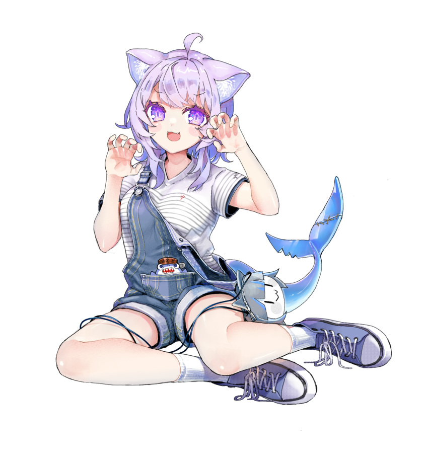 1girl :d alternate_costume animal_ears bag blush blush_stickers cat_ears cat_girl claw_pose commentary_request cosplay ena1215 fins fish_tail gawr_gura gawr_gura_(cosplay) handbag highres hololive looking_at_viewer nekomata_okayu overall_shorts overalls purple_eyes purple_hair shark_tail shirt shoes short_hair simple_background smile sneakers socks solo striped striped_shirt t-shirt tail v-shaped_eyebrows virtual_youtuber wavy_hair white_background white_shirt white_socks