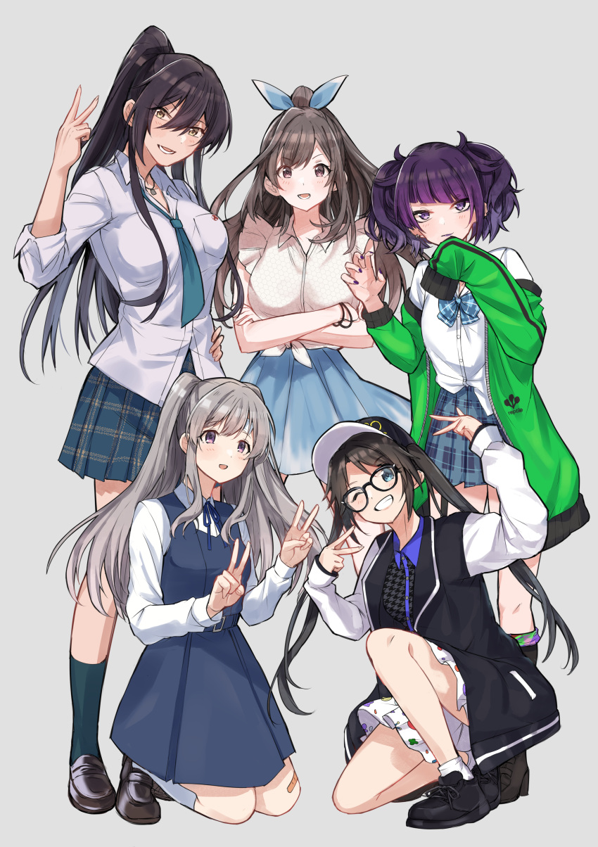 5girls absurdres bandaid black_hair blue_eyes bow bowtie brown_eyes brown_hair full_body glasses grey_hair hair_bow hanetsuka highres idolmaster idolmaster_shiny_colors jewelry kneeling l'antica_(idolmaster) loafers long_hair medium_hair mitsumine_yuika multiple_girls necklace necktie ponytail purple_eyes purple_hair school_uniform shirase_sakuya shoes tanaka_mamimi tsukioka_kogane twintails v yellow_eyes yukoku_kiriko