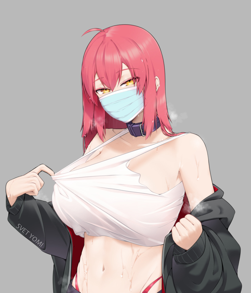 1girl absurdres ahoge artist_name bare_shoulders black_jacket black_pants blue_mask breasts clothes_pull collar crop_top grey_background hair_between_eyes highleg highleg_panties highres jacket large_breasts long_hair looking_at_viewer mask midriff mouth_mask navel no_bra off_shoulder open_clothes open_jacket original panties pants purple_collar red_hair red_jacket red_panties shirt_pull simple_background solo sorath_(svet_yomi) steaming_body stomach surgical_mask svet_yomi sweat tank_top underwear undressing wet wet_clothes white_tank_top yellow_eyes zipper