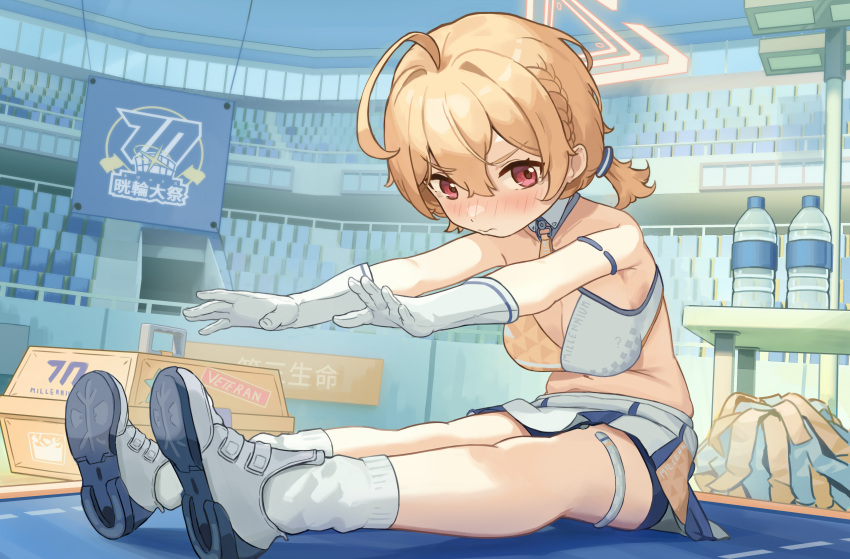 1girl absurdres ahoge bike_shorts bike_shorts_under_skirt blonde_hair blue_archive blush breasts cleavage gloves highres kotori_(blue_archive) kotori_(cheer_squad)_(blue_archive) looking_at_viewer medium_breasts miniskirt pom_pom_(cheerleading) red_eyes shijiuuuuuuu short_ponytail skirt socks solo stretching tearing_up white_gloves white_socks