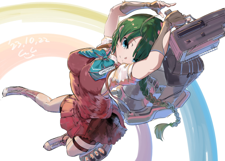 1girl adapted_turret ahoge aqua_bow blue_bow blue_bowtie blue_eyes boots bow bowtie braid breasts cannon cross-laced_footwear dress gegeron gloves green_hair grey_thighhighs halterneck highres holding holding_turret kantai_collection lace-up_boots long_hair looking_at_viewer machinery mast medium_breasts mole mole_under_mouth purple_dress purple_vest rigging school_uniform shirt short_sleeves single_braid skirt smile smokestack solo standing thighhighs torpedo_launcher torpedo_tubes turret very_long_hair vest white_background white_shirt yuugumo_(kancolle) yuugumo_kai_ni_(kancolle)
