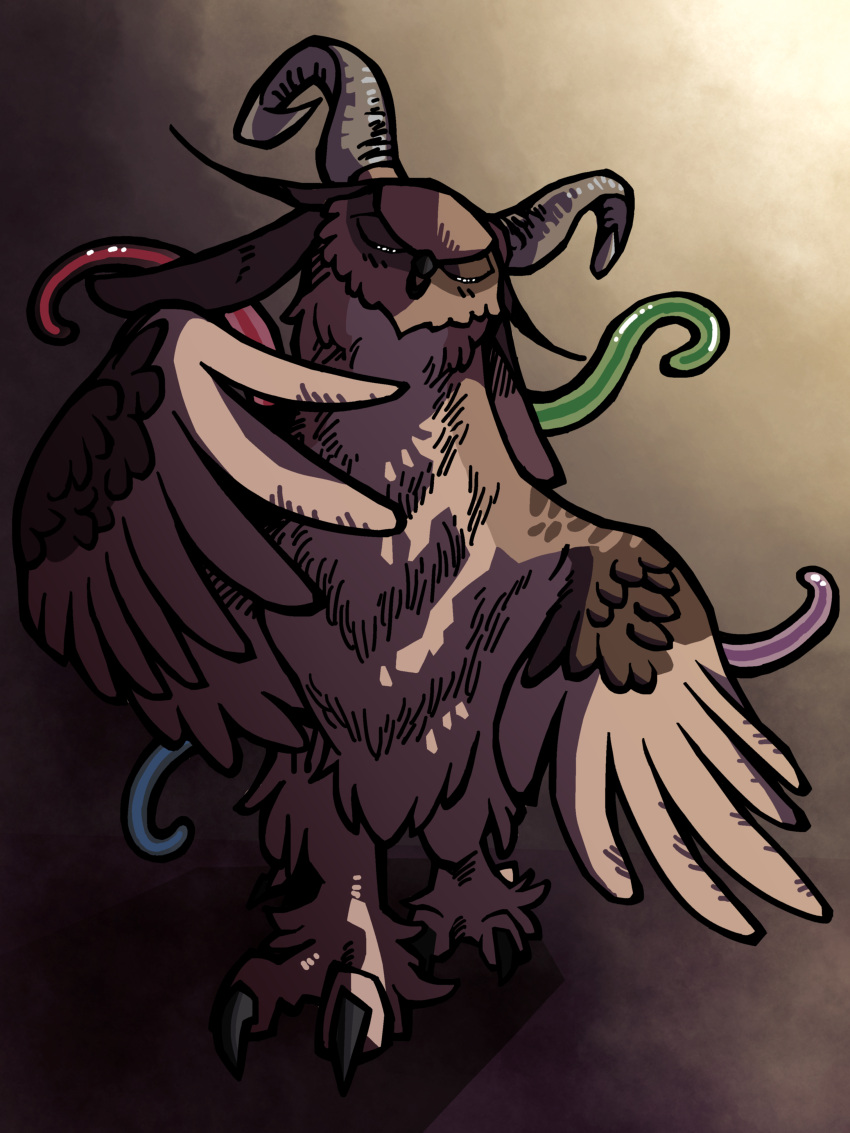 2021 2_horns 3:4 4_toes absurd_res anthro avian beak biped bird black_background black_beak blue_tentacles bovid brown_body brown_feathers bubo_(genus) caprine chimera colored countershading digital_drawing_(artwork) digital_media_(artwork) eddybird eurasian_eagle-owl eyes_closed facial_markings feathered_wings feathers feet female floppy_ears fluffy goat gradient_background green_tentacles grey_horn head_markings hi_res horn invalid_tag lagomorph leporid mammal markings mask_(marking) naturally_censored nude_anthro nude_female open_mouth owl purple_tentacles rabbit rabbit_ears red_tentacles scp-2703-1 scp_foundation simple_background solo standing talons tan_background tan_body tan_countershading tentacles toes true_owl wings zygodactyl