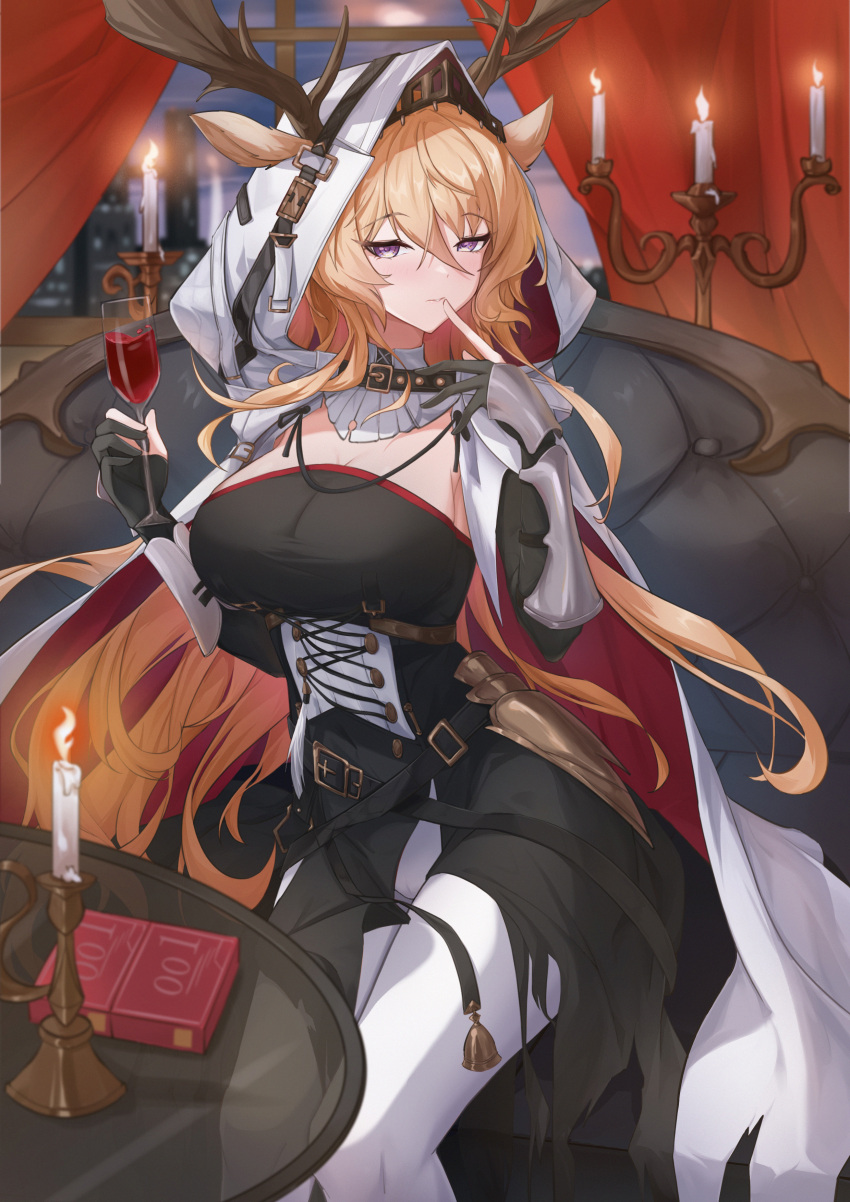 1girl absurdres animal_ears antlers antlers_through_hood arknights black_dress blonde_hair blush breasts candle cape cleavage condom_box couch cup deer_antlers deer_ears deer_girl dress drinking_glass ears_through_hood feet_out_of_frame finger_to_mouth fire gauntlets gloves half-closed_eyes highres holding holding_cup hood hood_up hooded_cape index_finger_raised indoors large_breasts long_hair looking_at_viewer night on_couch partially_fingerless_gloves purple_eyes red_curtains sitting sktre12 solo table variant_set very_long_hair viviana_(arknights) white_cape window wine_glass