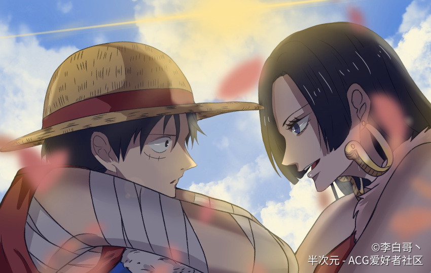 1boy 1girl artist_name bandaged_arm bandages bcy black_eyes black_hair blue_eyes boa_hancock chinese_text cloud earrings from_side hat highres jewelry li-bai long_hair looking_at_another monkey_d._luffy one_piece open_mouth outdoors scar short_hair sky smile snake_earrings straw_hat