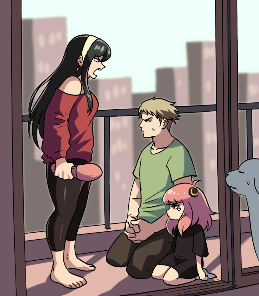 1boy 2girls anya_(spy_x_family) balcony black_hair blonde_hair bond_(spy_x_family) dog dress female_child hairband highres multiple_girls open_mouth pants pink_hair seiza sidelocks sitting spy_x_family tina_fate twilight_(spy_x_family) yoga_pants yor_briar