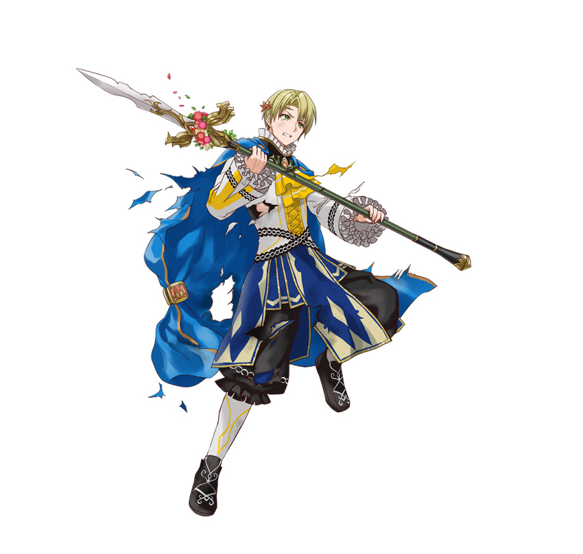 1boy alfred_(fire_emblem) ascot blonde_hair cape fire_emblem fire_emblem_engage fire_emblem_heroes full_body green_eyes high_collar holding holding_weapon long_sleeves official_art polearm short_hair solo spear weapon white_background
