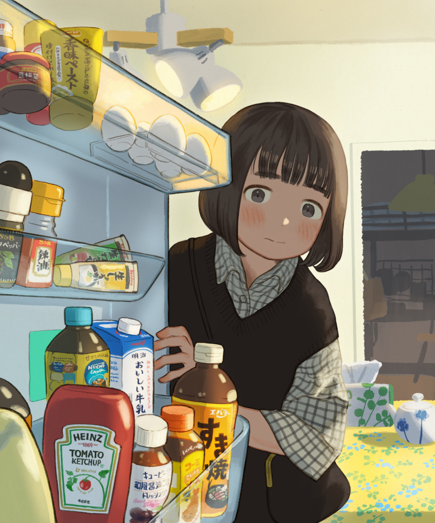 1girl black_eyes black_hair black_sweater_vest blunt_bangs blush bottle closed_mouth egg food heinz highres indoors ketchup ketchup_bottle kitchen lamp looking_at_viewer original refrigerator refrigerator_interior short_hair solo sumika_inagaki sweater_vest table teapot tissue_box upper_body