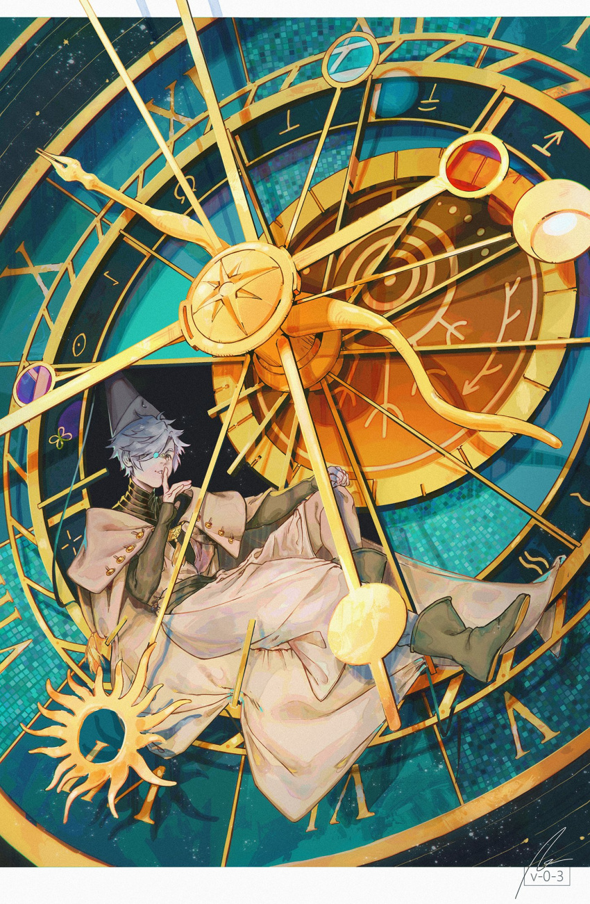 1boy astronomical_clock black_footwear black_shirt boots buttons clock commentary english_commentary finger_to_mouth full_body glasses highres long_sleeves looking_at_viewer pince-nez pointy_hair qifrey_(tongari_boushi_no_atelier) shirt shushing sitting solo tassel tongari_boushi_no_atelier tunic vizerothree white_hair white_headwear white_tunic