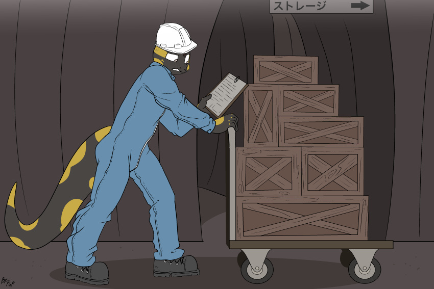 2022 amphibian anthro armor biped black_body blue_clothing blue_jumpsuit clipboard clothed clothing coveralls crate footwear fuf furniture headgear headwear helmet hi_res holding_clipboard holding_object inside jumpsuit looking_at_object male salamander side_view solo spots spotted_body white_helmet yellow_spots