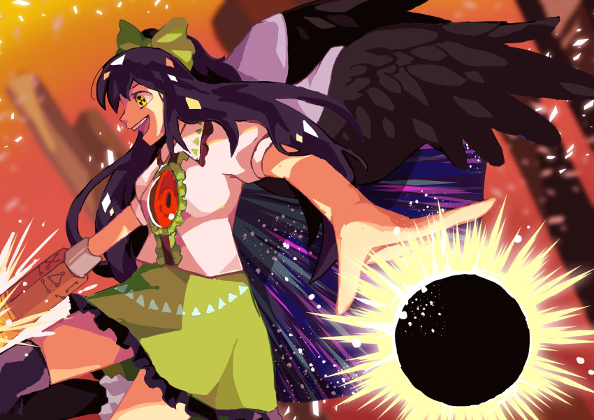 1girl arm_cannon black_hole black_thighhighs black_wings bow brown_hair cape center_frills collared_shirt commentary_request extra_eyes eyelashes feathered_wings fiery_background fire frilled_shirt_collar frilled_skirt frills gradient_background green_bow green_skirt hair_bow highres incoming_attack korean_commentary long_hair miniskirt open_mouth orange_background outstretched_arm pillar ponytail puffy_short_sleeves puffy_sleeves red_background reiuji_utsuho shirt short_sleeves sign skirt smile space_print star_(sky) starry_sky_print teeth thighhighs touhou upper_teeth_only waiwa_way warning_sign warning_sign_eyes weapon white_cape white_shirt wings