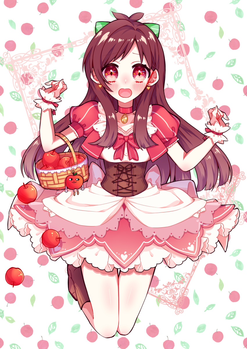 1girl absurdres antenna_hair apple apple_print bare_legs blush brown_hair choker collarbone corset earrings food fruit fruit_background fruit_basket heart heart_earrings highres idolmaster idolmaster_cinderella_girls jewelry legs_folded looking_at_viewer natsume9696 puffy_short_sleeves puffy_sleeves red_choker red_eyes ringorou_(idolmaster) scrunchie short_sleeves solo tsujino_akari wrist_scrunchie