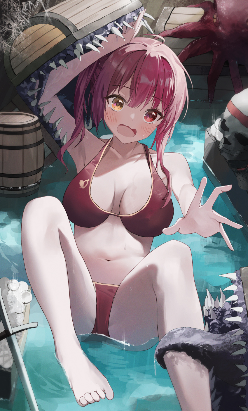 1girl absurdres ahoge arm_up armpits arrow_through_heart barefoot barrel bikini blush breasts breasts_apart collarbone eyelashes feet foot_out_of_frame gold_trim heterochromia highres hololive houshou_marine houshou_marine_(4th_costume) knees_up large_breasts leaning_back legs licking looking_at_viewer mimic mimic_chest nel_dcm octopus official_alternate_costume on_ground open_mouth outstretched_arm partially_submerged red_bikini red_eyes red_hair shadow sharp_teeth silk sitting skull solo spider_web stomach swimsuit sword teeth thighs toes twintails virtual_youtuber wavy_mouth weapon wet yellow_eyes