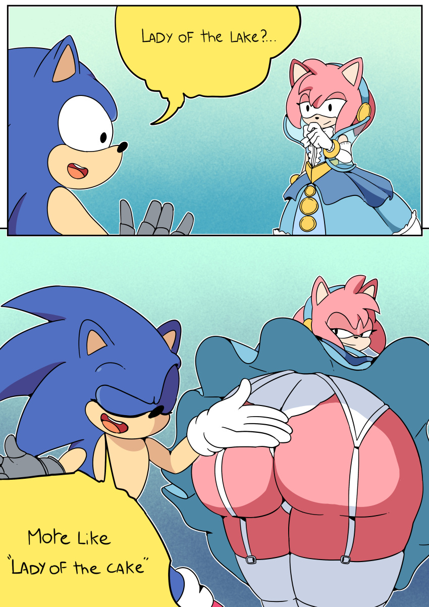 absurd_res amy_rose anthro big_butt butt clothed clothing clothing_lift dress dress_lift female hi_res lady_of_the_lake_(sonic_and_the_black_knight) legwear male male/female mobian_hedgehog panties sega sonic_and_the_black_knight sonic_storybook_series sonic_the_hedgehog sonic_the_hedgehog_(series) stockings underwear unknown_artist wide_hips