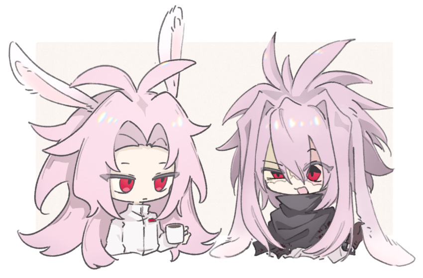 2boys animal_ears antenna_hair closed_mouth cup eyes_visible_through_hair hair_intakes hatsutori_hajime highres holding holding_cup jiekuijiangshadaonijiamenkou kemonomimi_mode long_hair long_sleeves lop_rabbit_ears male_focus multiple_boys nijou_ryuu no_nose no_sclera open_mouth parted_bangs patchwork_skin pink_hair rabbit_boy rabbit_ears red_eyes saibou_shinkyoku shirt smile uneven_eyes white_shirt