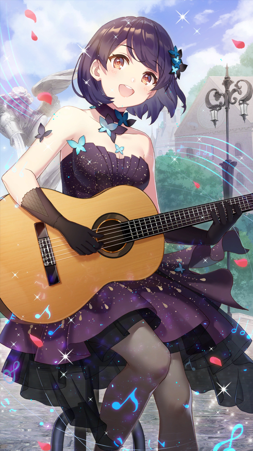 1girl :d acoustic_guitar bare_shoulders black_choker black_dress black_gloves black_pantyhose blue_hair blue_sky blush bob_cut breasts butterfly_hair_ornament butterfly_ornament choker cleavage cloud collarbone dress eighth_note european_architecture falling_petals feet_out_of_frame fountain girl_cafe_gun gloves gradient_dress guitar hair_ornament half_note highres holding holding_instrument instrument lamppost layered_dress looking_at_viewer medium_breasts music musical_note official_art orange_eyes pantyhose petals playing_instrument purple_dress quarter_note shi_wuyou short_dress short_hair singing sitting sixteenth_note sky smile solo sparkle staff_(music) statue strapless strapless_dress teeth treble_clef tree upper_teeth_only
