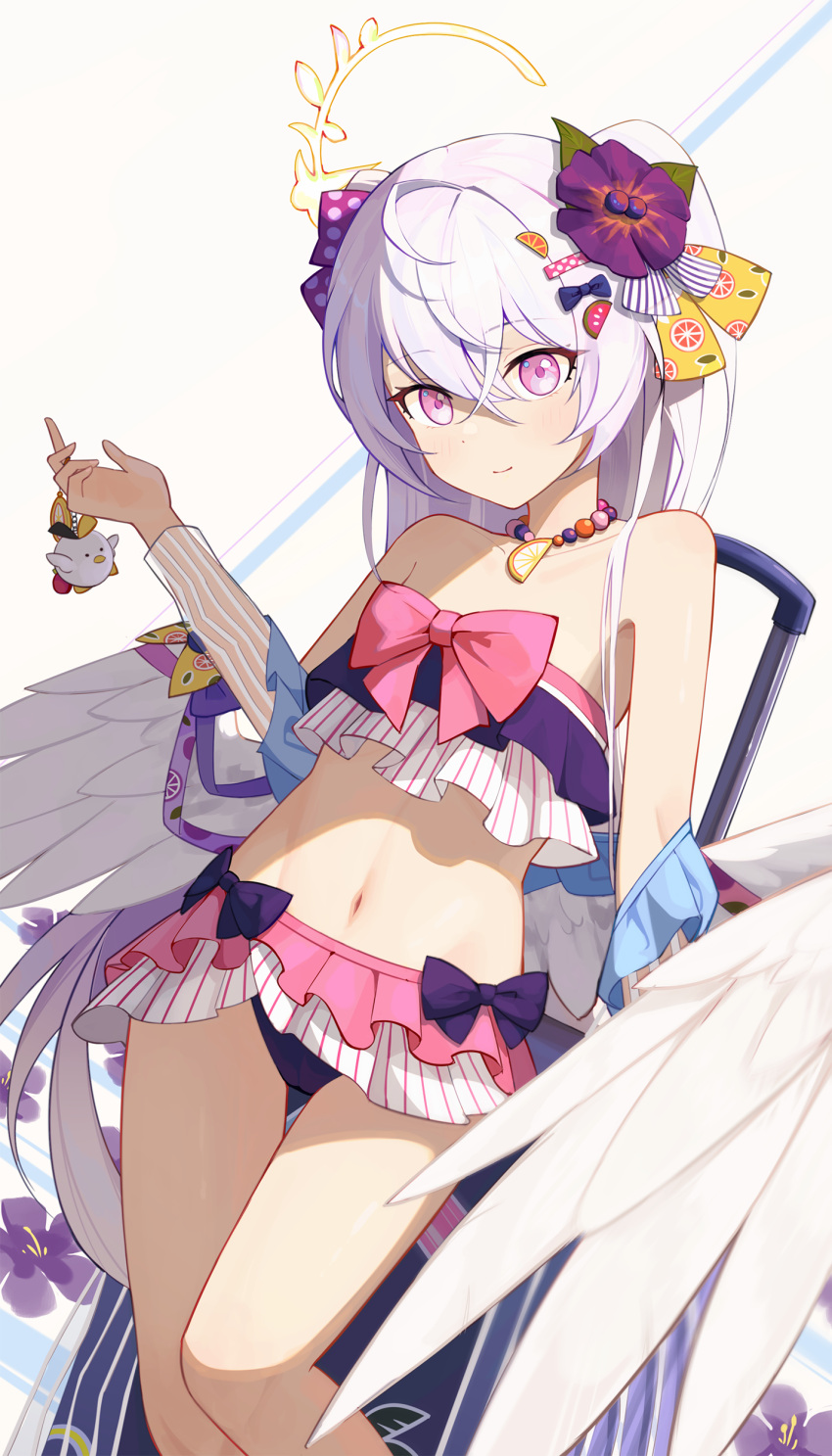1girl absurdres angel_wings azusa_(blue_archive) azusa_(swimsuit)_(blue_archive) bikini blue_archive blush bow closed_mouth feathered_wings feet_out_of_frame flat_chest flower frilled_bikini frills gleam_lin_shi grey_hair hair_between_eyes hair_bow halo highres long_hair looking_at_viewer navel official_alternate_costume pink_bikini pink_eyes polka_dot polka_dot_bow purple_bikini purple_bow purple_flower smile solo swimsuit white_bikini white_wings wings yellow_bow yellow_halo