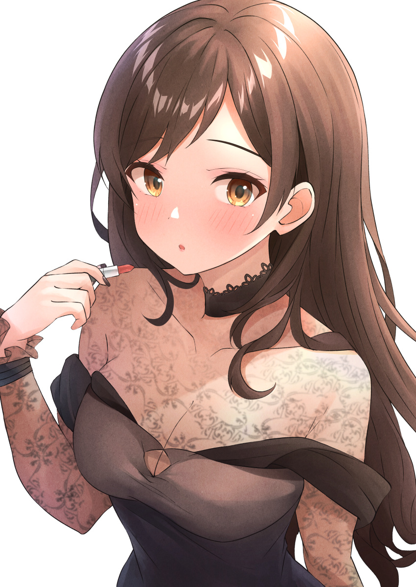 1girl absurdres b1ack_illust black_dress blush breasts brown_eyes brown_hair cleavage collarbone cosmetics dress highres idolmaster idolmaster_million_live! kitazawa_shiho lipstick lipstick_tube long_hair looking_at_viewer makeup medium_breasts nail_polish open_mouth parted_bangs red_lips simple_background solo white_background