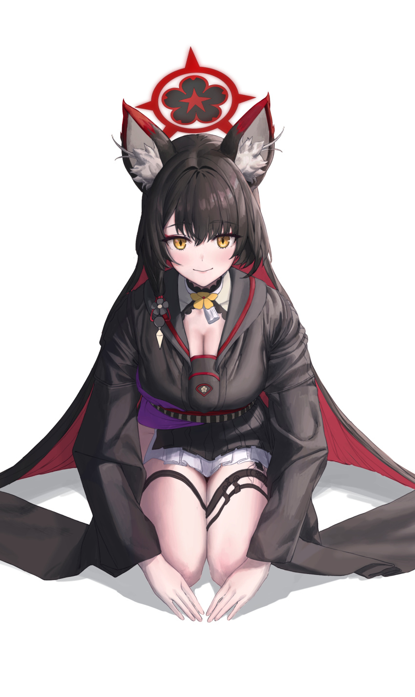 1girl absurdres animal_ear_fluff animal_ears black_hair black_kimono black_skirt blue_archive breasts cleavage cleavage_cutout closed_mouth clothing_cutout colored_inner_hair commentary_request fox_ears halo harebunny highres japanese_clothes kimono large_breasts long_hair long_sleeves looking_at_viewer multicolored_hair pleated_skirt red_hair red_halo seiza simple_background sitting skirt smile solo thigh_strap wakamo_(blue_archive) white_background yellow_eyes