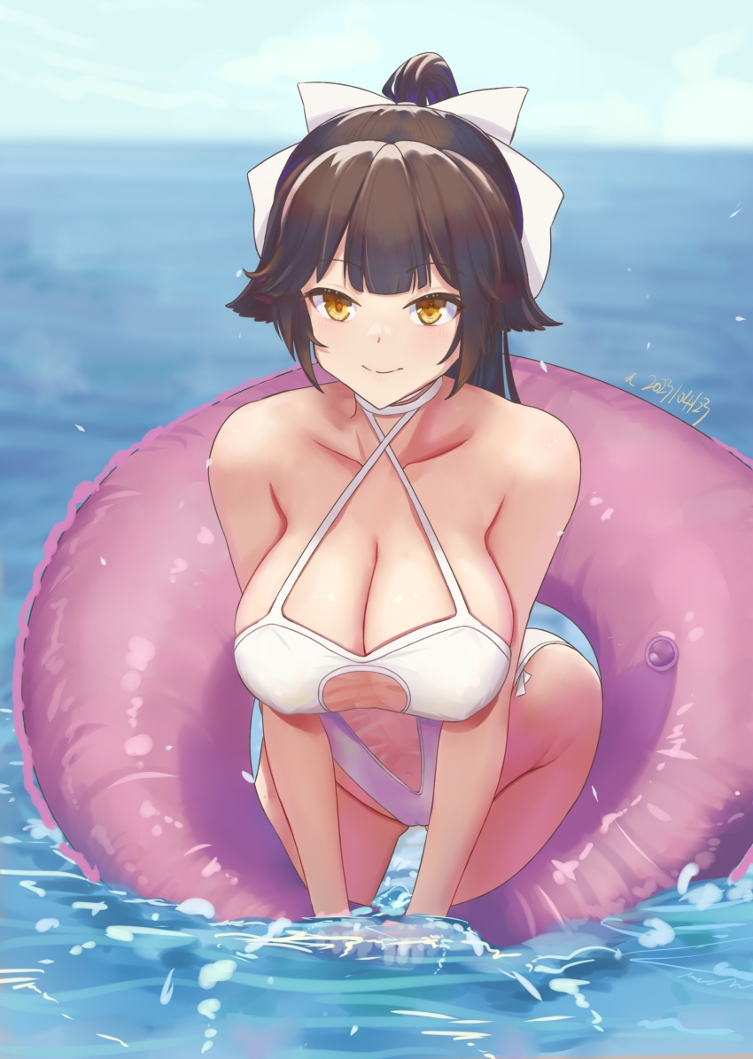 1girl absurdres azur_lane black_hair bow breasts casual_one-piece_swimsuit choker cleavage clothing_cutout cowboy_shot criss-cross_halter hair_flaps halterneck highres horizon innertube large_breasts leaning_forward long_hair navel_cutout ocean one-piece_swimsuit ponytail ruan_weidao solo swimsuit takao_(azur_lane) takao_(beach_rhapsody)_(azur_lane) water white_bow white_choker white_one-piece_swimsuit yellow_eyes