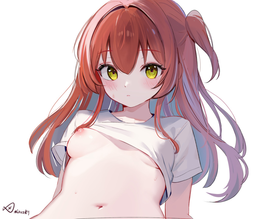 1girl blush bocchi_the_rock! breasts closed_mouth clothes_lift green_eyes hair_between_eyes highres kita_ikuyo long_hair looking_at_viewer minusk9 navel nipples no_bra one_side_up red_hair shirt shirt_lift short_sleeves simple_background small_breasts solo sweat white_background white_shirt