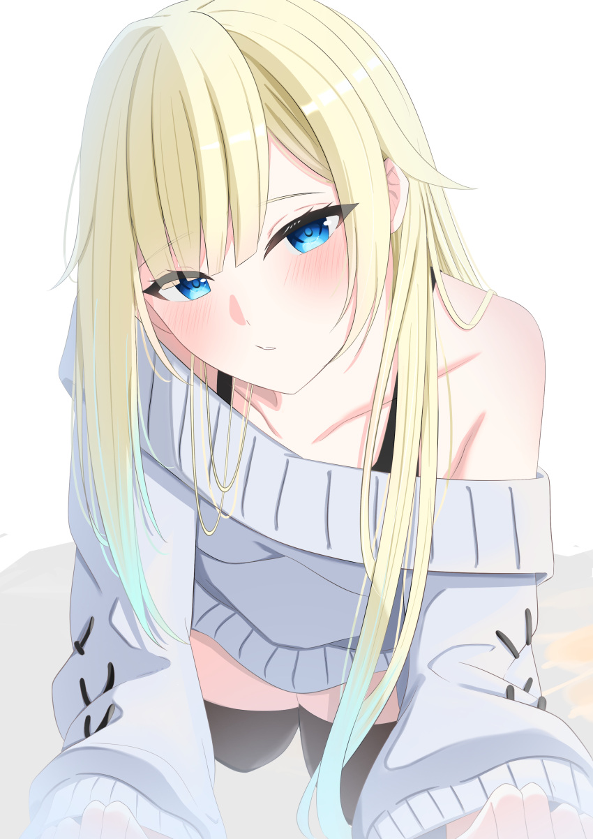 1girl absurdres aizawa_ema all_fours black_bra black_thighhighs blonde_hair blue_eyes blue_hair bra collarbone dress gradient_hair head_tilt highres light_blue_hair long_hair looking_at_viewer multicolored_hair omillion000 parted_lips simple_background single_bare_shoulder solo sweater sweater_dress thighhighs underwear very_long_hair virtual_youtuber vspo! white_background white_sweater zettai_ryouiki