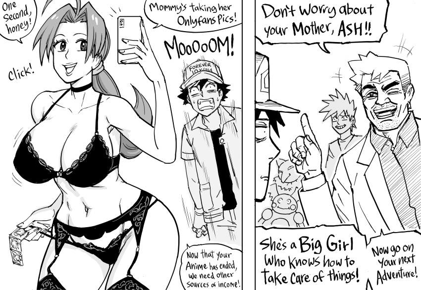 1girl 2others 3boys absurdres ahoge ash_ketchum bb_(baalbuddy) bra breasts cellphone choker cleavage commentary condom condom_packet_strip condom_wrapper curvy delia_ketchum english_commentary english_text evil_grin evil_smile facial_hair garter_belt garter_straps gary_oak grin hair_intakes hair_ornament hair_scrunchie highres holding holding_condom holding_phone huge_ahoge hypno implied_prostitution lace-trimmed_bra lace-trimmed_panties lace_trim large_breasts lingerie long_hair low_ponytail mature_female monochrome mother_and_son mr._mime multiple_boys multiple_others narrow_waist navel nervous_sweating one_eye_closed onlyfans panties panty_pull phone pokemon pokemon_(anime) pokemon_(classic_anime) samuel_oak scrunchie selfie smartphone smile solo_focus speech_bubble strap_pull stubble sweat thick_eyebrows thighhighs underwear underwear_only walk-in