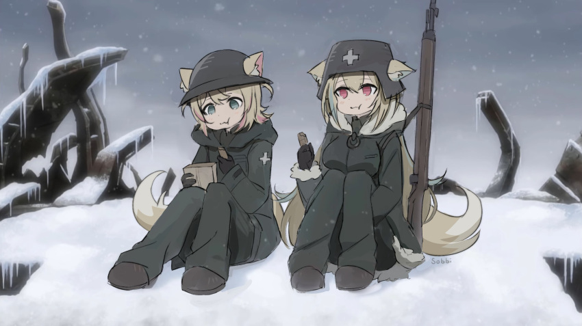 2girls animal_ear_fluff animal_ears blonde_hair blue_eyes blue_hair chito_(shoujo_shuumatsu_ryokou) chito_(shoujo_shuumatsu_ryokou)_(cosplay) cosplay dog_ears dog_girl dog_tail field_ration food fuwawa_abyssgard gun highres hololive hololive_english long_hair medium_hair mococo_abyssgard multiple_girls no_headwear pink_eyes pink_hair shoujo_shuumatsu_ryokou siblings sisters sitting sobbi11 striped tail twins virtual_youtuber weapon yuuri_(shoujo_shuumatsu_ryokou) yuuri_(shoujo_shuumatsu_ryokou)_(cosplay)