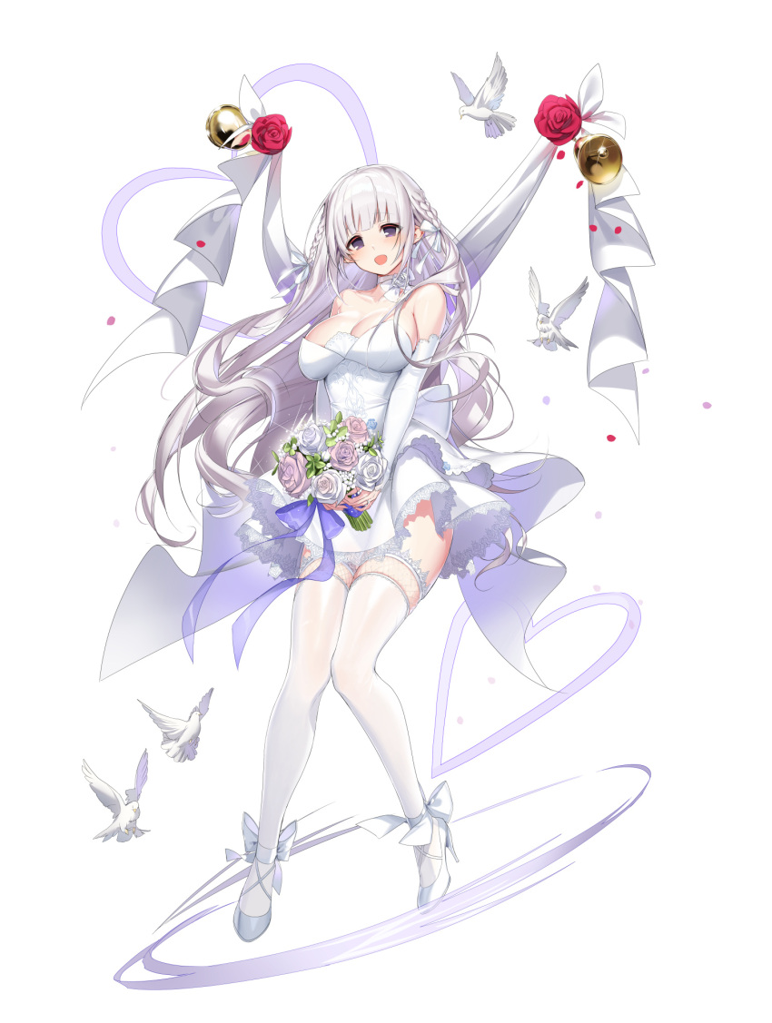 1girl :d ankle_bow back_bow banner bare_shoulders bell bird blunt_bangs blush bouquet bow bow_choker braid breasts bridal_gauntlets choker cleavage closers collarbone dove dress falling_petals floating_hair flower full_body hair_ribbon heart high_heels highres holding holding_bouquet knees_together_feet_apart lace-trimmed_dress lace-trimmed_thighhighs lace_trim large_breasts levia_(closers) long_hair looking_at_viewer no_pupils official_art petals purple_bow purple_eyes red_flower red_rose ribbon rose short_dress side_braids smile solo standing strapless strapless_dress tachi-e thighhighs very_long_hair wedding_dress white_background white_bow white_bridal_gauntlets white_choker white_dove white_dress white_flower white_footwear white_hair white_ribbon white_rose white_thighhighs