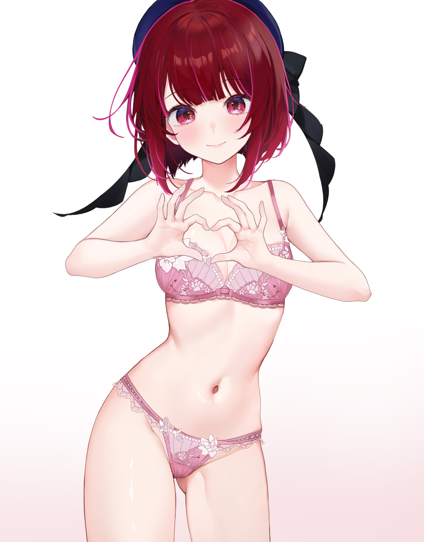 1girl absurdres arima_kana beret blush bra breasts closed_mouth commentary_request cowboy_shot embroidered_bra embroidered_panties hands_up hat heart heart_hands highres lace-trimmed_bra lace_trim looking_at_viewer machi_(7769) medium_breasts navel oshi_no_ko paid_reward_available panties pink_bra pink_panties red_eyes red_hair smile solo stomach thighs underwear underwear_only