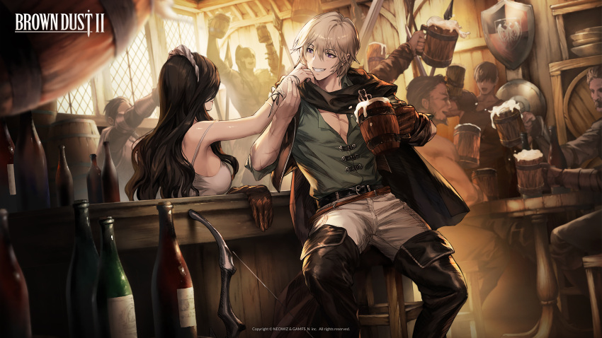 1girl 6+boys absurdres alcohol arm_up barrel beer beer_mug belt blonde_hair boots bottle brown_dust_2 brown_hair copyright_name cup gloves gray_(brown_dust) green_shirt grey_pants grey_shirt highres long_hair mug multiple_boys official_art official_wallpaper pants purple_eyes shirt single_glove sitting table tank_top tavern thigh_boots waitress wine_bottle wooden_table