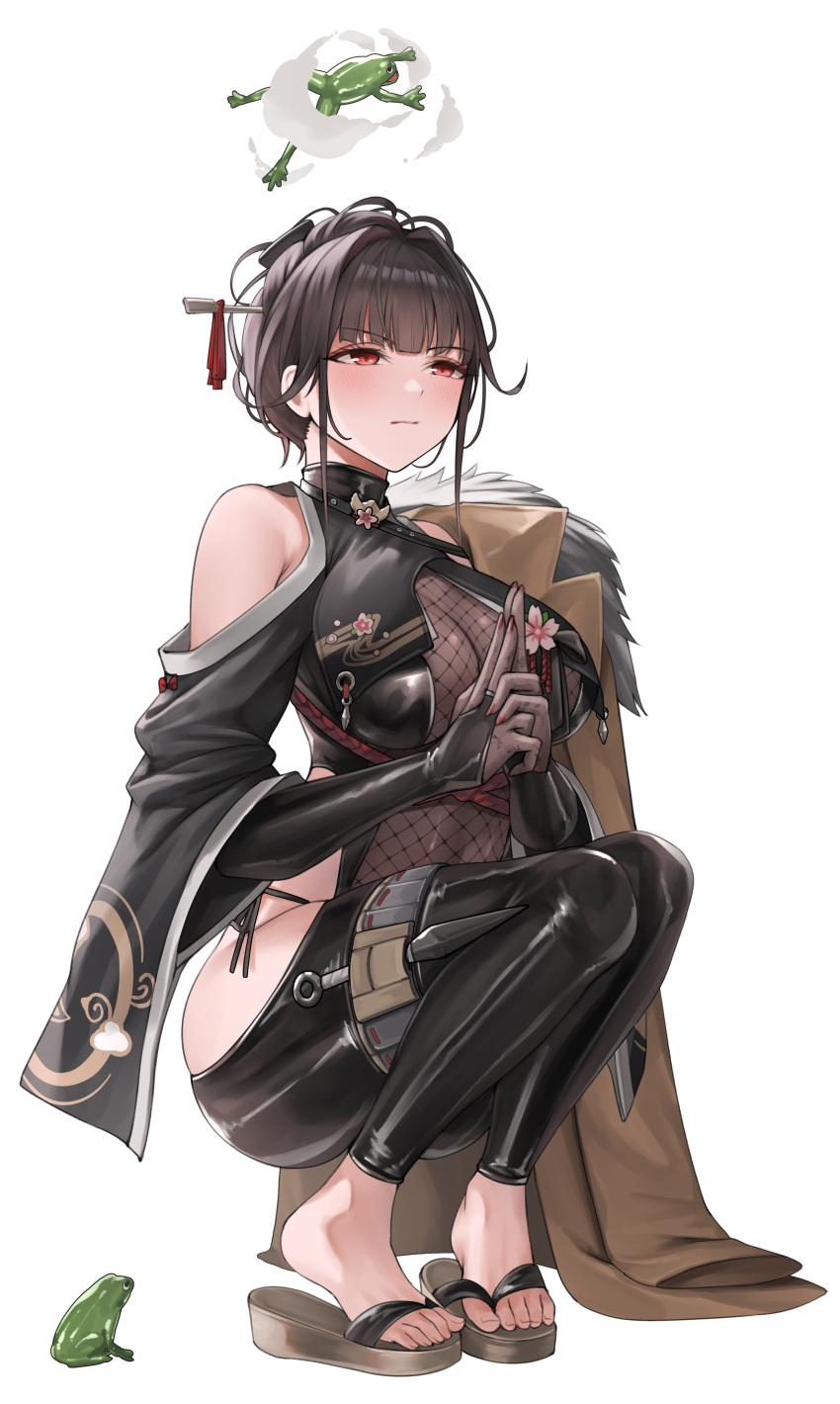 1girl absurdres black_hair black_unitard blunt_bangs blush bodystocking breast_curtains breasts brown_coat closed_mouth clothing_cutout coat coat_on_shoulders covered_navel frog goddess_of_victory:_nikke hair_ornament hairpin highres hip_vent holster kunai kurone_rinka large_breasts long_sleeves official_alternate_costume sakura_(midnight_stealth)_(nikke) sakura_(nikke) see-through shoulder_cutout squatting summoning thigh_holster turtleneck weapon