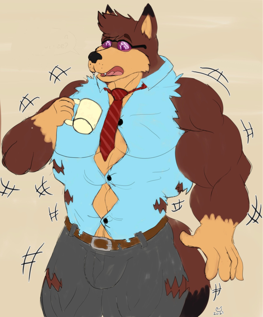 anthro beverage canid canine canis caseyljones clothing coffee dress_pants dress_shirt growth hi_res implied_growth male mammal multicolored_body muscle_growth necktie shirt shocked solo tight_clothing topwear torn_clothing wolf