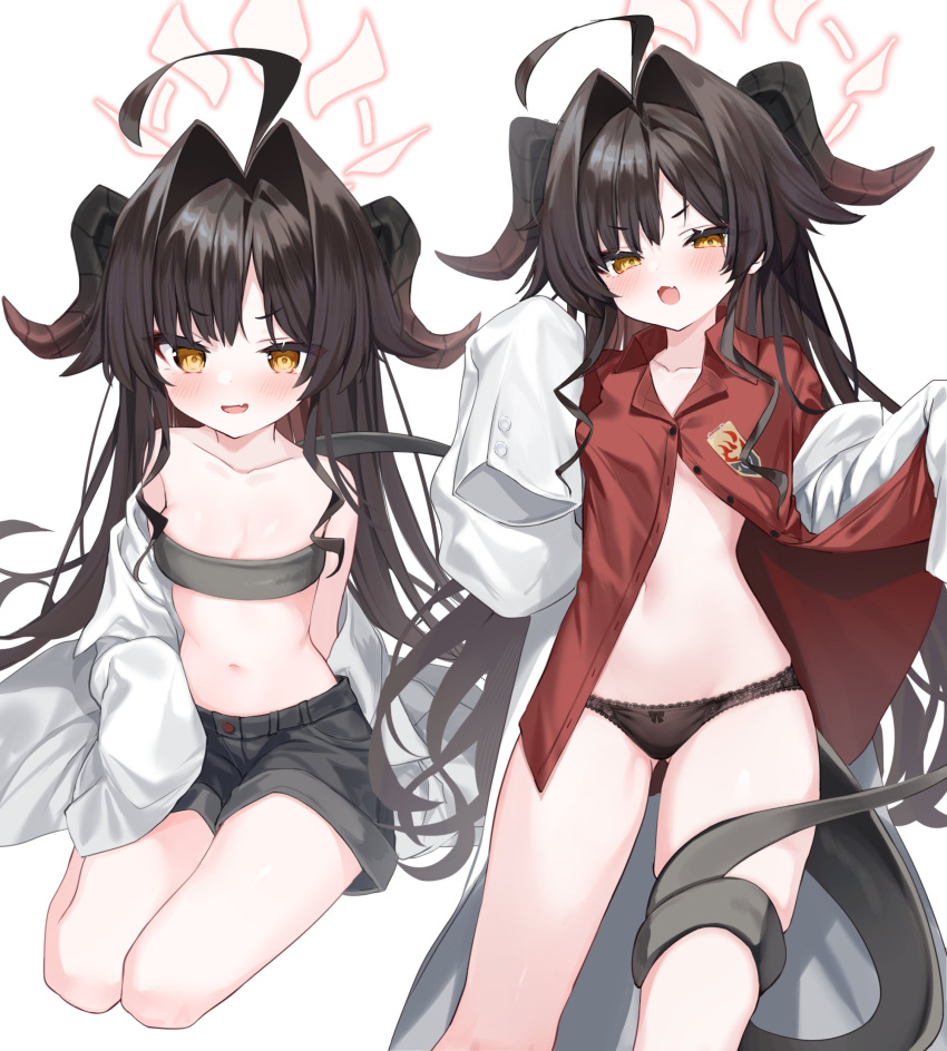 1girl absurdly_long_hair ahoge bare_shoulders black_hair black_horns black_panties black_shorts blue_archive blush breasts coat collarbone commentary demon_girl demon_horns demon_tail fang grey_tube_top hair_intakes halo highres horns kasumi_(blue_archive) lab_coat long_hair looking_at_viewer midriff navel off_shoulder open_mouth panties parted_bangs partially_unbuttoned red_halo red_shirt seiza shirt short_shorts shorts shouu-kun simple_background sitting skin_fang sleeves_past_fingers sleeves_past_wrists small_breasts stomach tail tail_wrap underwear v-shaped_eyebrows very_long_hair white_background white_coat yellow_eyes