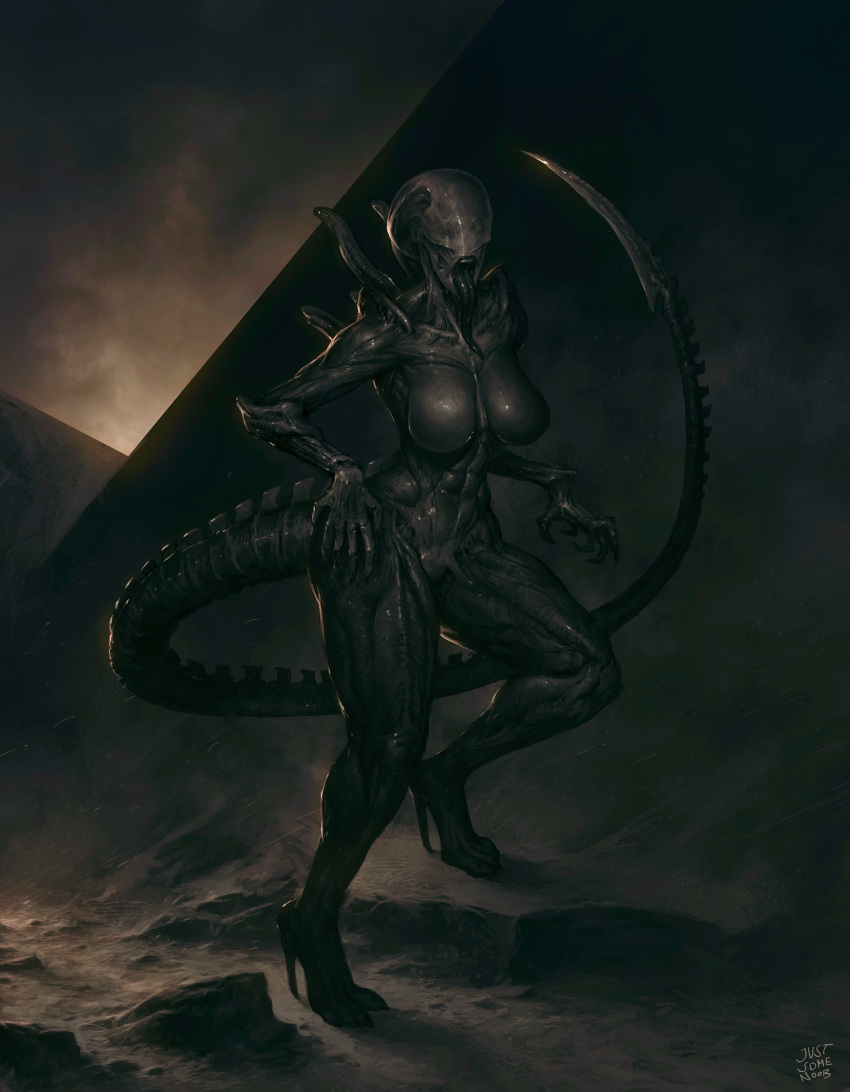 6_fingers absurd_res alien alien_(franchise) anthro black_body black_carapace breasts eyeless female fingers hi_res justsomenoob non-mammal_breasts open_mouth pyramid scutes simple_background solo spiked_tail spikes spikes_(anatomy) tail tongue tongue_out xenomorph