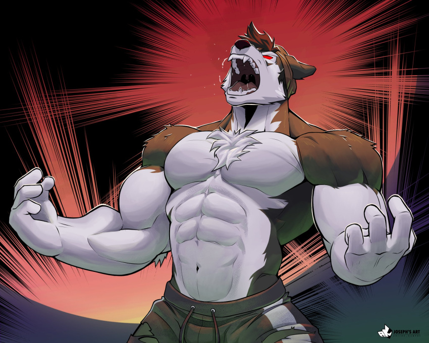 abs anjing_kampuss anthro biceps bodily_fluids canid canine canis clothed clothing domestic_dog hi_res joseph_(anjing_kampuss) male mammal muscular muscular_male nordic_sled_dog pecs saliva saliva_string solo spitz topless