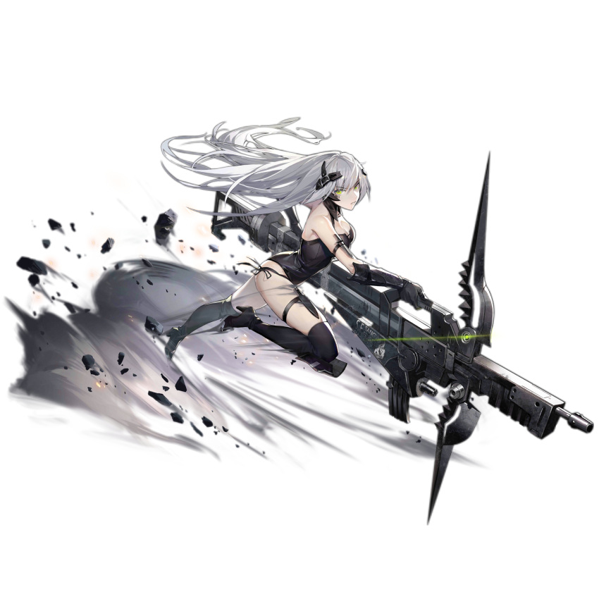 1girl arm_strap artist_request barcode black_gloves black_leotard black_socks bow breasts character_name cleavage_cutout clothing_cutout crossbow debris floating_hair full_body gager_(girls'_frontline) girls'_frontline gloves green_eyes gun headgear high_heels highres holding holding_crossbow holding_gun holding_weapon knee_pads kneehighs knife knife_sheath large_breasts leotard long_hair looking_at_viewer lunging official_art panties parted_lips photoshop_(medium) rock sangvis_ferri sheath simple_background skindentation smoke smoke_trail socks solo thigh_strap transparent_background underwear v-shaped_eyebrows very_long_hair weapon white_hair
