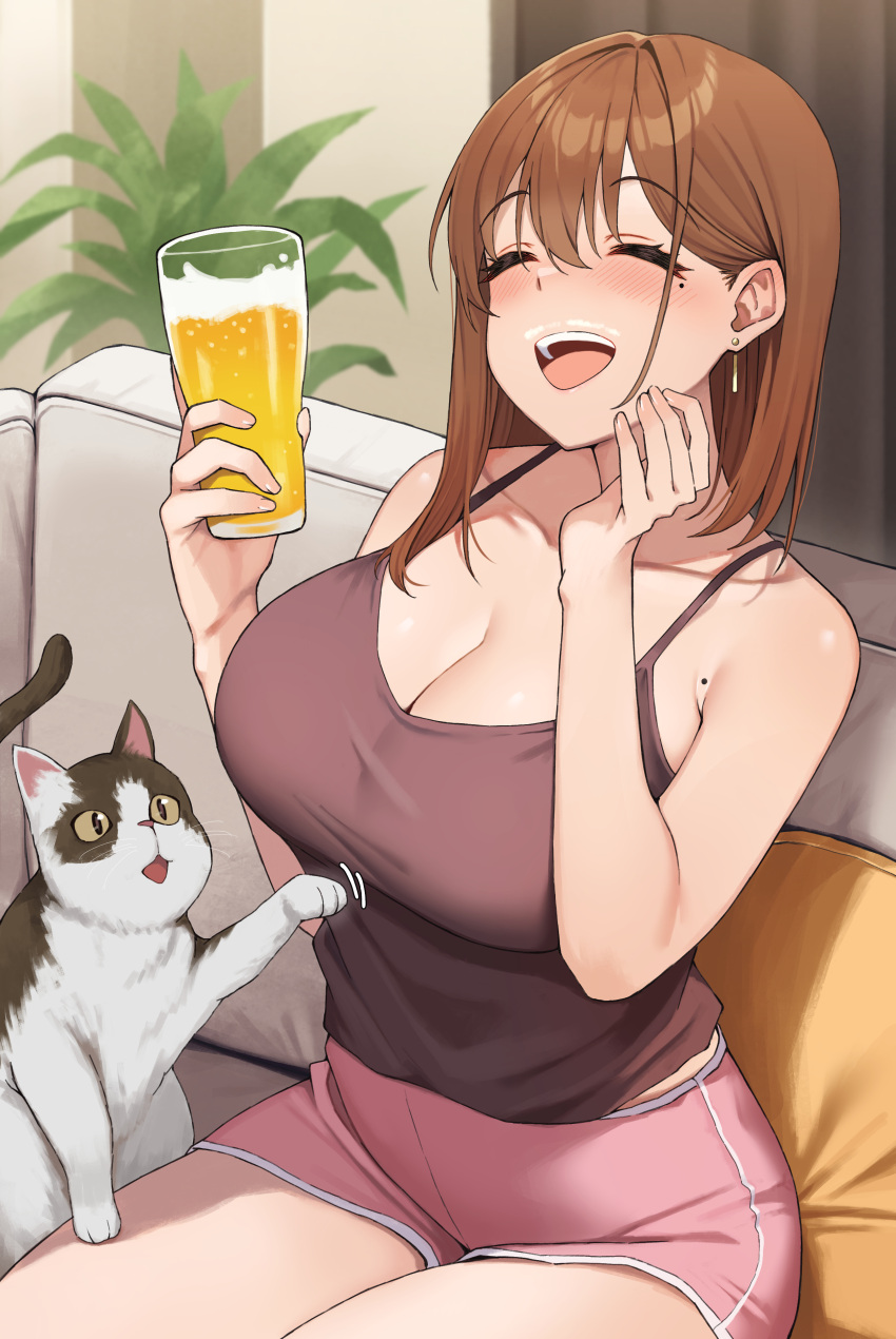 1girl ^_^ absurdres alcohol animal bare_shoulders beer blush breasts brown_camisole brown_hair bubble_beard camisole cat cleavage closed_eyes collarbone couch cup dolphin_shorts highres holding holding_cup indoors large_breasts mole mole_on_armpit mole_under_eye ol-chan_(udon) on_couch original pink_shorts short_shorts shorts sitting smile solo udon_(udonalium)