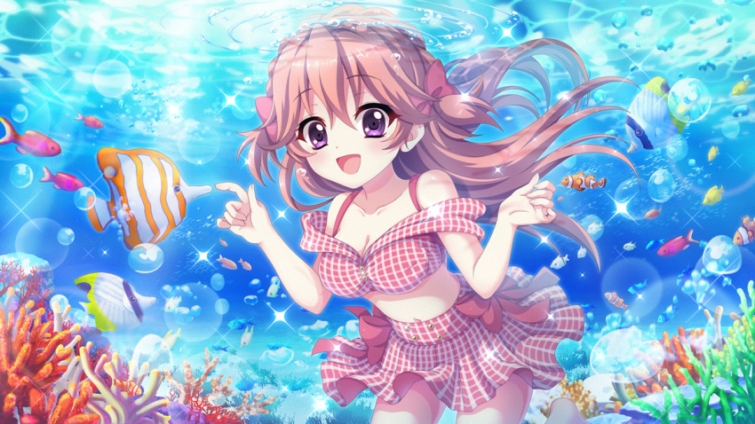 1girl :d bikini bikini_skirt bow breasts bubble cleavage clownfish collarbone coral_reef dot_nose film_grain fish fish_request game_cg haeno_akari hair_bow izumi_tsubasu large_breasts lens_flare long_hair looking_at_viewer navel non-web_source official_art open_mouth pink_hair plaid plaid_bikini purple_eyes re:stage! red_bikini red_bow red_skirt skirt smile solo sparkle sunlight swimsuit two_side_up underwater