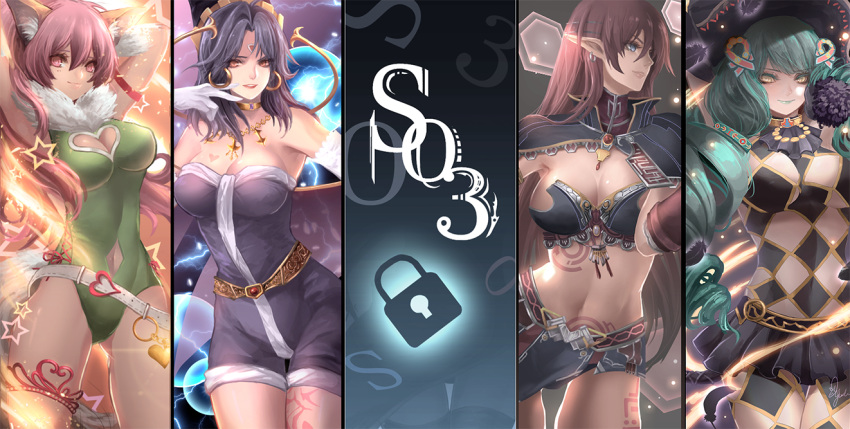 4girls breasts celine_jules closed_mouth earrings elbow_gloves gloves hat jewelry kom_(water0371) large_breasts long_hair looking_at_viewer multiple_girls myuria_tionysus pink_hair pointy_ears purple_hair skirt smile star_ocean star_ocean_the_last_hope star_ocean_the_second_story tattoo very_long_hair