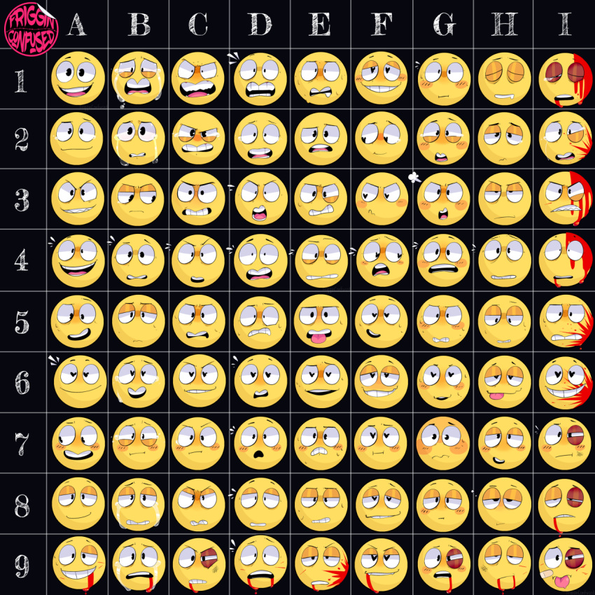 angry artist_name bandaid bandaid_on_face blood blood_from_mouth blood_on_face blush bruise bruised_eye chart commentary crying crying_with_eyes_open disgust embarrassed emoji english_commentary expression_chart expressions frigginconfused grid grimace grin half-closed_eyes happy heart heart-shaped_eyes highres injury notice_lines open_mouth original raised_eyebrow sad scowl sleeping smile streaming_tears sweat tearing_up tears