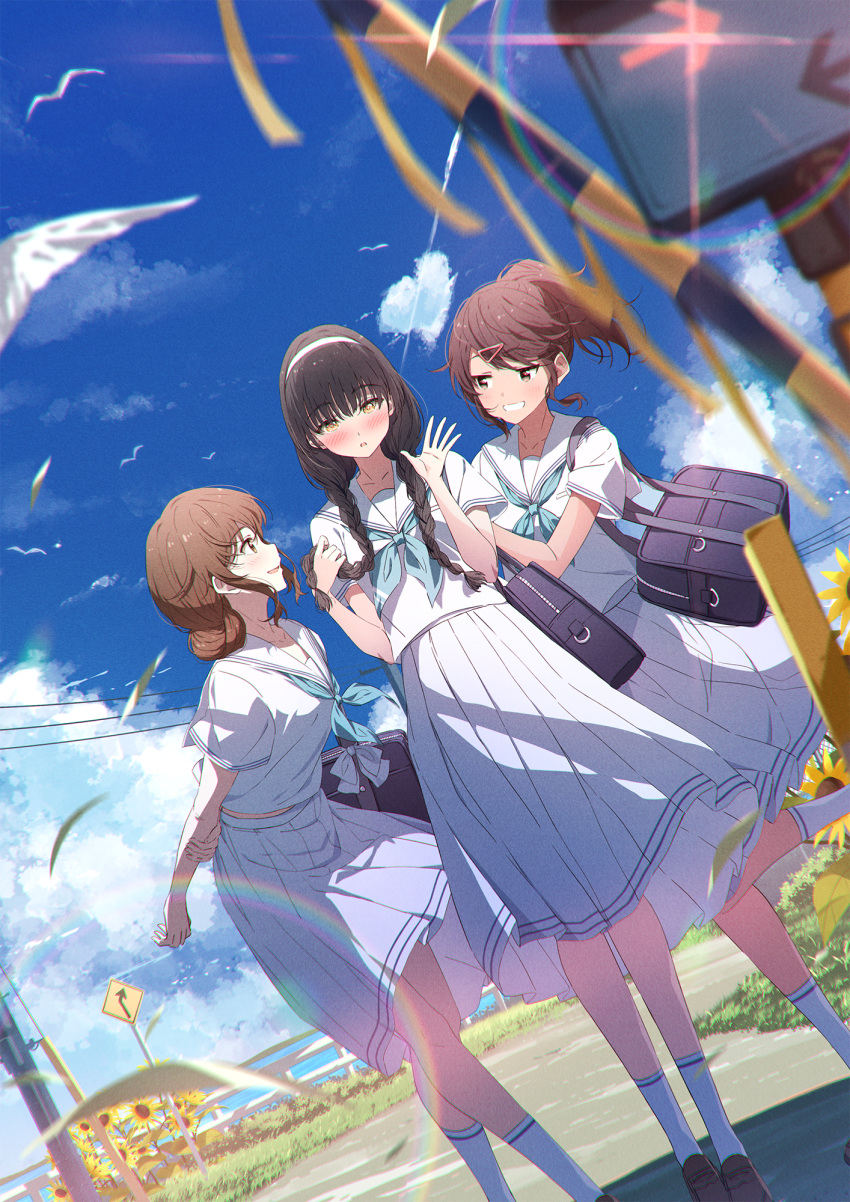 3girls :o animal arrow_(symbol) bag bird black_hair blue_neckerchief blue_sky blurry blurry_foreground blush braid brown_eyes brown_footwear brown_hair cloud commentary_request day depth_of_field grin hair_over_shoulder highres horizon loafers low_twintails multiple_girls narumi_nanami neckerchief ocean original outdoors parted_lips pleated_skirt ponytail profile railing railroad_crossing road_sign sailor_collar school_bag school_uniform serafuku shirt shoes sign skirt sky smile socks twin_braids twintails water white_sailor_collar white_serafuku white_shirt white_skirt white_socks